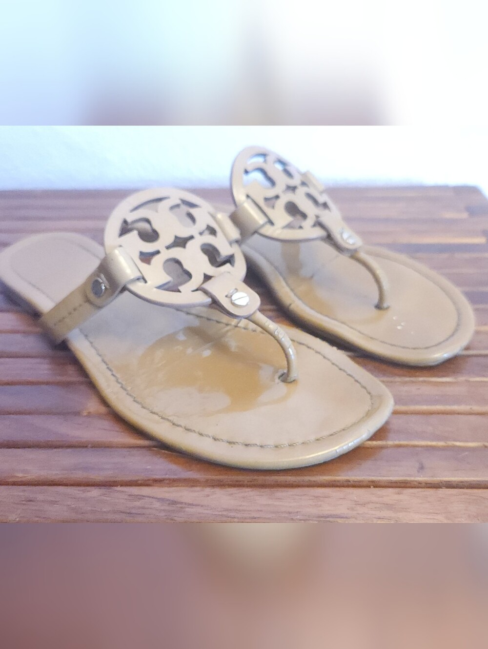 Tory Burch Olive-Tan Logo Thong Sandals